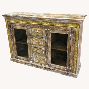 Home Furniture Rustic <b>White</b> Distress Drawer Chest Wood Cabinet Farmhouse Folk Style Carved Solid Wood Storage <b>Glass</b> Cabinet - Product Image 3