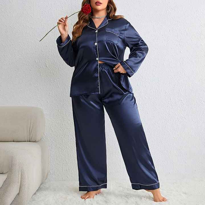 Women's Plus Size 2pcs Sleepwear Sets Long Sleeve Satin Pajamas Buttons Solid Full-Length Pants Simple Nightwear Lounge Outfits