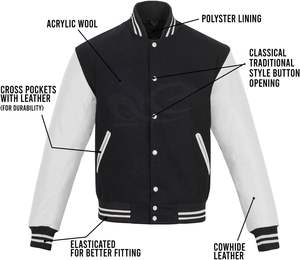 Chaqueta Universitaria Vintage de Diseño Personalizado, Chaqueta de Invierno para Hombre, Cuerpo de Lana Negra, Mangas de Cuero Vacuno Blanco, Transpirable - Product Image 3