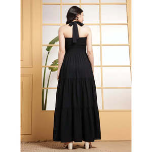 DEEBACO Women's Black Solid Tiered Maxi <b>Dress</b> Fit & Flared Halter Neck Sleeveless Summer Western Wear Party Casual One Piece - Product Image 4