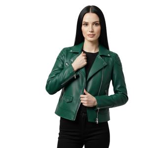 Motorbike Style Green Leather <b>Women</b> <b>Jacket</b> Custom Order Bulk Wholesale Factory Genuine Leather Biker Outerwear Ladies Fashion - Product Image 1