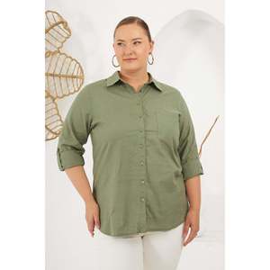 RMG Plus Size Khaki Cotton Linen Blend <b>Shirt</b> with Shoulder <b>Epaulets</b> for Women - Comfortable and Stylish Casual Wear - Product Image 1