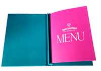 Porte-menu A4 économique en denim et cuir, design de luxe, certifié ISO, avec logo métallique pour hôtels et restaurants
