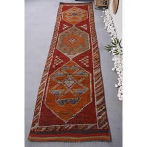 2.8x10.3 ft Vintage Rug, Turkish <b>Runner</b> Rug, <b>Red</b> Orange Solid Wool Rug - Product Image 1