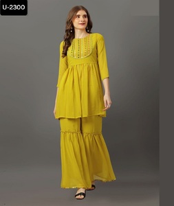 Traje étnico indio Georgette Sharara para mujer hermoso encaje Kurtis con espejo trabajo cuello patrón ropa paquistaní - Product Image 1