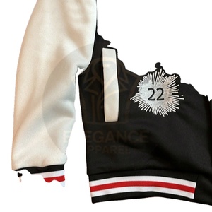 Blouson universitaire noir et blanc en toile à col montant, imprimé numérique sur le devant, coupe ample, manches longues, style baseball, vente en gros - Product Image 2