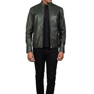 Chaqueta de Lona y Cuero Genuino de Alta Calidad para Hombre, Cuello Alto, Estilo Urbano, Color Sólido, con Doble Cremallera Frontal y Logotipo - Product Image 1