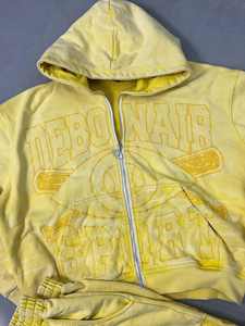 Conjunto de chaqueta y pantalones cortos personalizados con cremallera, chándales Vintage con cremallera y lavado ácido, Conjunto de sudadera con capucha y pantalón corto con cremallera DTG con diamantes de imitación - Product Image 5