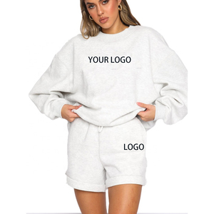 Conjunto de 2 Piezas de Sudadera y Pantalones Cortos de Felpa Gruesa de Algodón para Mujer, 320 g/m², con Estampado Personalizado y Bordado, Cuello Redondo - Product Image 5