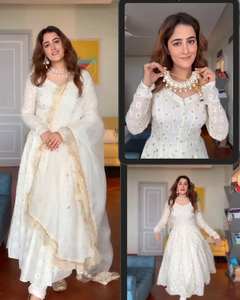 เสื้อคลุมอานาร์กาลี พร้อมผ้าคลุมไหล่ยาวถึงพื้น ลายดอกไม้หวานๆ เอวธรรมชาติ ผ้าจอร์เจตหนัก ปักลายด้วยด้ายหลายเส้น ดีไซน์วินเทจ - Product Image 6