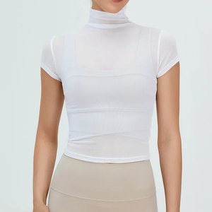 Camiseta informal de yoga para mujer Camiseta deportiva de cuello alto Malla transpirable Protección solar Jersey bordado - Product Image 4