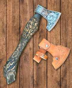 Hache viking haut de gamme en acier à haute teneur en carbone forgé à la main avec gravure manuelle, pour l'extérieur, avec étui en cuir fin - Product Image 3