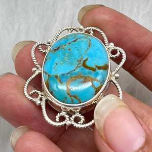 Broche Turquoise Bleue Naturelle Argent Sterling 925 Design Vintage Broches Élégantes pour Hommes et Femmes - Product Image 4
