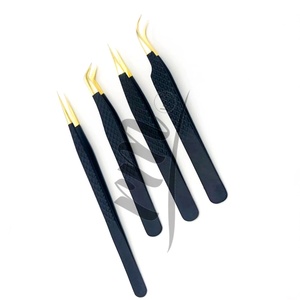 Pince à épiler pour extensions de cils RMI, pointe en or 24 carats et revêtement en poudre noire, acier inoxydable, poignée diamantée, ensemble de 4 pinces à épiler à pointes différentes - Product Image 2