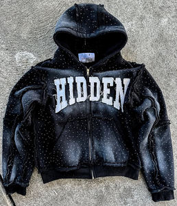 Custom 2025 Streetwear Heavy Weight Rhinestone <b>Hoodie</b> Stitch Patch Distressed Embroidery <b>Vintage</b> Washed <b>Zip</b> <b>up</b> <b>Hoodie</b> - Product Image 2
