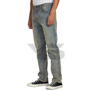 กางเกงยีนส์ขาตรงของผู้ชายผ้ายีนส์ฟอกสีลายกรดกางเกงเอวกลางมีกระดุมดีไซน์ใหม่โลโก้ออกแบบเอง - Product Image 5