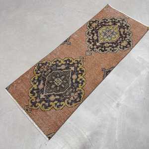 Turkish Rug, Small 1.7x4.4 ft Vintage Rug, <b>Brown</b> Bordered <b>Wool</b> Rug - Product Image 2