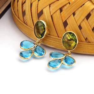 Nueva llegada Pendientes de gota con estilo dorado Pendientes de diseño de flores doradas Verde por pendiente de piedras preciosas - Product Image 5