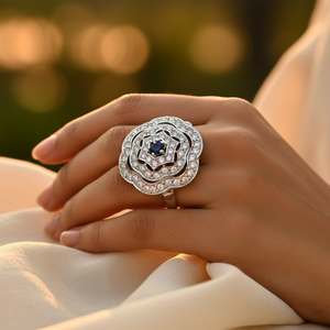 <b>Art</b> Palace Flower Shape Cocktail Ring with Sapphire Center and <b>Diamond</b> Pave Setting for Women 925 Silver Classic Style Wedding - Product Image 2
