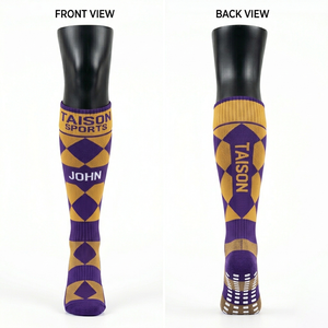 High Quality Women's Rugby <b>Socks</b> GSM Cotton Polyester Spandex Fabric Red Navy Panel Stripes Cushioned Grip Sole Custom Knit Logo - Product Image 3