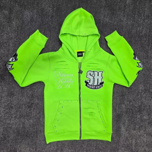 Sudadera con Capucha Personalizada, Chaqueta con Cremallera, Pedrería Brillante, Estampado Bordado Desteñido al Sol, Estilo Vintage Desgastado, Lavado Ácido, Diamantes de Imitación - Product Image 2