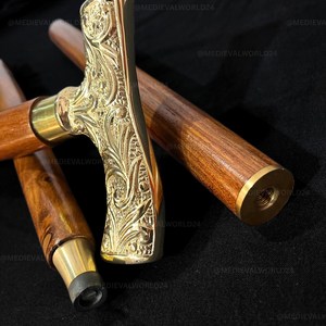 Canne de marche vintage en laiton poli fait main avec poignée de designer et manche en bois, impression numérique - Product Image 5