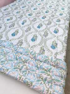 Handmade Floral Block Print Razai Quilt Organic Cotton Warm Reversible - Product Image 3
