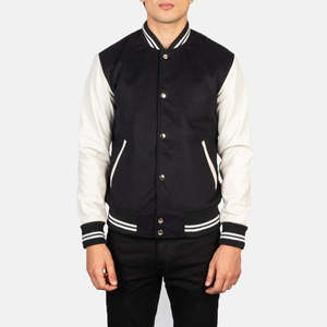 Blouson universitaire coupe-vent GLOBAL LEATHER noir et blanc en polyester/coton, tissu en velours côtelé de haute qualité, fermeture éclair, pour homme, décontracté, hiver - Product Image 3