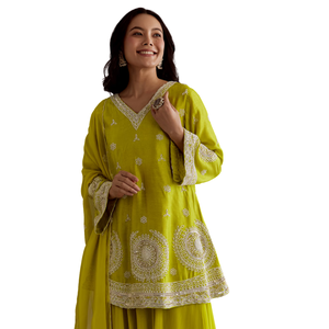 Traje Kurta Palazzo corto verde lima con Moti adornado Dupatta Venta al por mayor Mujeres Ropa étnica OEM Proveedor de ropa Traje - Product Image 4