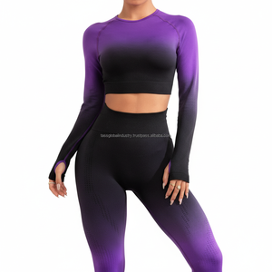 Ensemble de yoga personnalisé OEM pour femmes, haut court à manches longues avec trou pour le pouce et leggings taille haute, ensemble de sport sans couture en 2 pièces - Product Image 4
