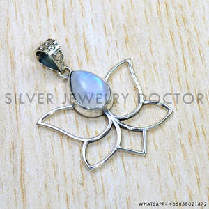 Colgante de Plata de Ley 925 con Diseño de Loto, Hecho a Mano, con Piedra Lunar Arcoíris en Corte Pera, Colgante Fino - Product Image 2