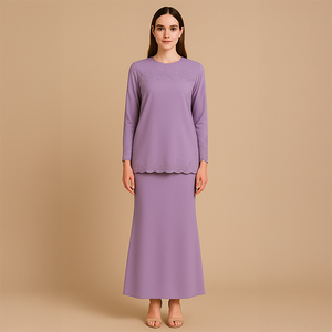 Color sólido de dos piezas de Malasia Baju Kurung modesta ropa islámica tradicional para mujeres hecho a mano de algodón largo de talla grande - Product Image 2
