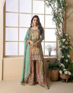 Heavy Embroidered Pakistani Style Butterfly Silk Adult Sharara Suit Hand Aari & <b>Gota</b> Patti Work Party Wear Traditional Style - Product Image 3