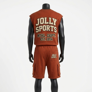 Ensemble short et t-shirt sans manches en molleton de coton épais 240 GSM pour homme, orange rouille, avec poches cargo, style streetwear - Product Image 3