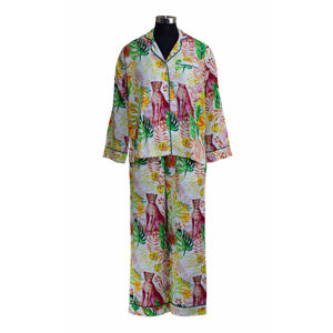 Conjunto de ropa de dormir hermosa para mujer OEM ODM con logotipo personalizado con patrón de guepardo para verano, otoño, primavera, tela tejida, MOQ bajo aceptado - Product Image 1