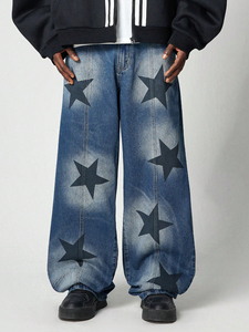 Salopette droite taille haute et jambe large pour hommes, personnalisée, délavé à la lumière, jean moyen grande taille brodé d'étoiles style Hip Hop - Product Image 6