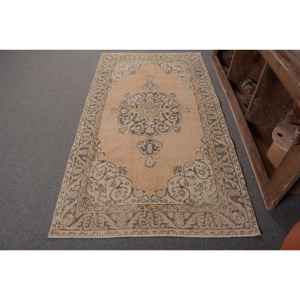 Classic Oriental Beige Wool Rug 3.6 X 6.6 ft Handmade Vintage Turkish Patchwork Design Latex Rectangular Hallway for Bedside Use - Product Image 1