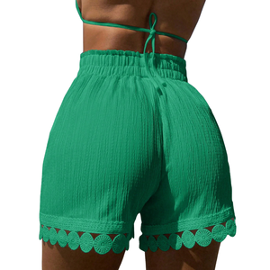 Shorts de Playa Casuales para Mujer, Cintura Alta, Cordón Ajustable, Corte Regular, Textura Arrugada, Ribete de Encaje, Ecológicos, Ligeros, para Vacaciones - Product Image 2