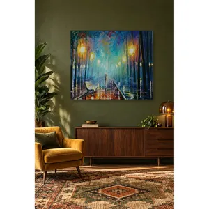 Impression sur toile : Couple Fida avec parapluie dans un parc pluvieux avec lanternes - Product Image 1