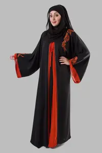 Abaya terbuka depan hitam dengan bordir bunga merah permintaan tinggi di Dubai