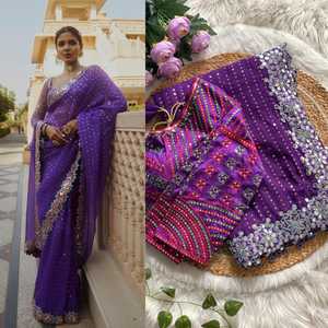 Indian Boutique Nx Designer Pure Soft Georgette Sari Hermosa secuencia y trabajo de espejo Última fiesta Boda Festival Wear - Product Image 1