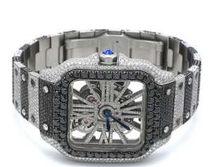 Reloj Mecánico de Lujo Premium Vintage, Caja Cuadrada de Acero Inoxidable Plateado, Movimiento Japonés, Diamante Moissanita, Completamente Engastado, Personalizado, con Fecha - Product Image 1