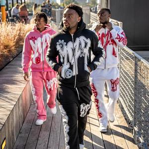 2025 New Trend Custom Streetwear Hoodie & Sweatpants Sets for Men Screen Printed Jogger Tracksuits Acid Wash Zip up Hoodie - Product Image 4