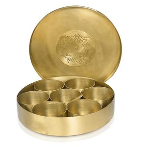 Boîte à épices en cuivre gravée Masala Dani, récipient en métal, support, cuillère, lavable au lave-vaisselle, haute qualité, HF CRAFTS, outils à épices indiens - Product Image 1