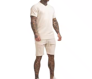 Novedad de verano al por mayor, pantalones cortos informales para hombre, conjuntos de 2 piezas para hombre, Camiseta con hombros caídos, manga corta y pantalones cortos con cordón para hombre - Product Image 3