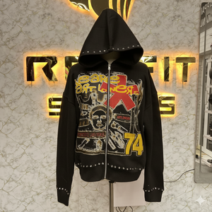 Low Rate & Good Material OEM Services Zipper Distressed Hoodie <b>Rhinestone</b> Zip up <b>Jacket</b> Acid Wash Men Fleece Streetwear Hoodie - Product Image 6