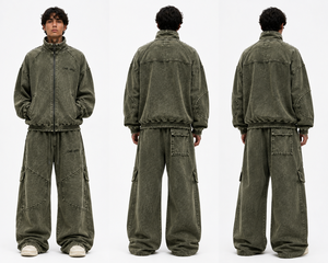 Conjunto de Chándal Oversize Verde Oliva Vintage Lavado Personalizado con Pantalones Cargo de Pierna Ancha, Estilo Urbano, Fabricante OEM ODM de Marca Privada Profesional - Product Image 2