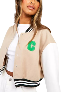 Vente en gros de veste universitaire en coton de haute qualité pour femmes logo personnalisé letterman crop top véritable col tournant en lin brut de grande taille - Product Image 2