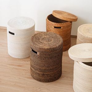 Woven Rattan <b>Box</b> Laundry <b>Storage</b> Basket with Lid Waste Bins Home <b>Decor</b> Clothes Hamper Lidded Baskets - Product Image 6