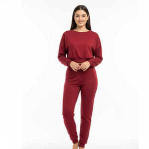 Ensemble de survêtement en molleton uni pour femmes, 100% coton, manches longues, pantalon, décontracté, pour tous les jours et à la maison - Product Image 1
